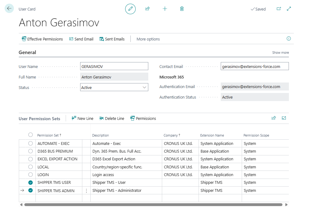 Add Shipper TMS permission sets on the user card