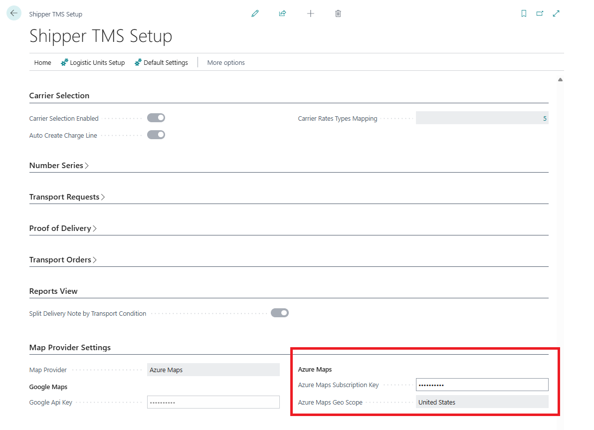 Azure Maps subscription key and geo scope in Shipper TMS Setup