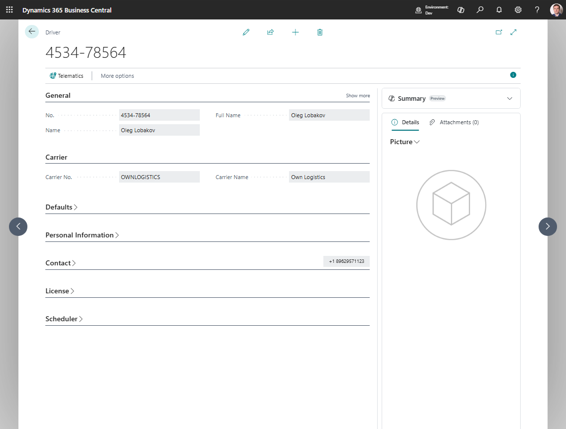 Driver card with carrier and scheduling defaults