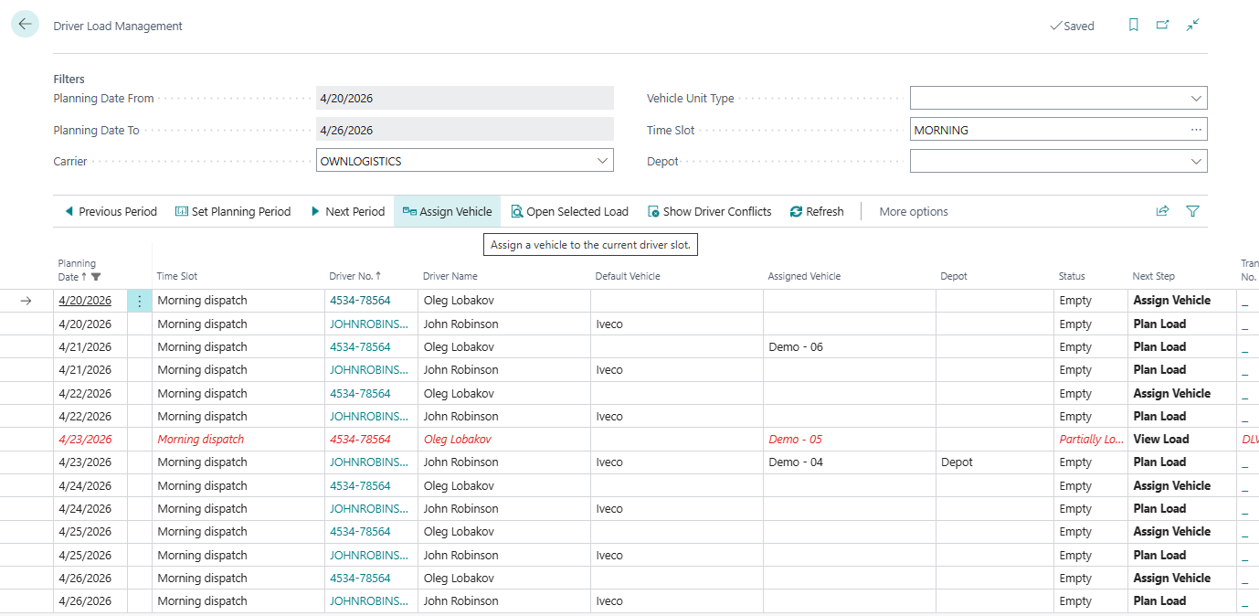 Driver Load Management worksheet with driver slots and status indicators