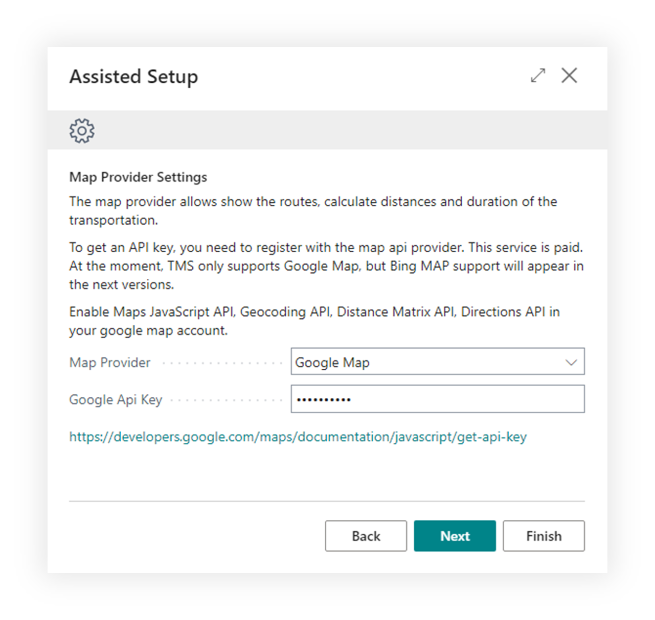 Google Maps settings in Shipper TMS setup flow