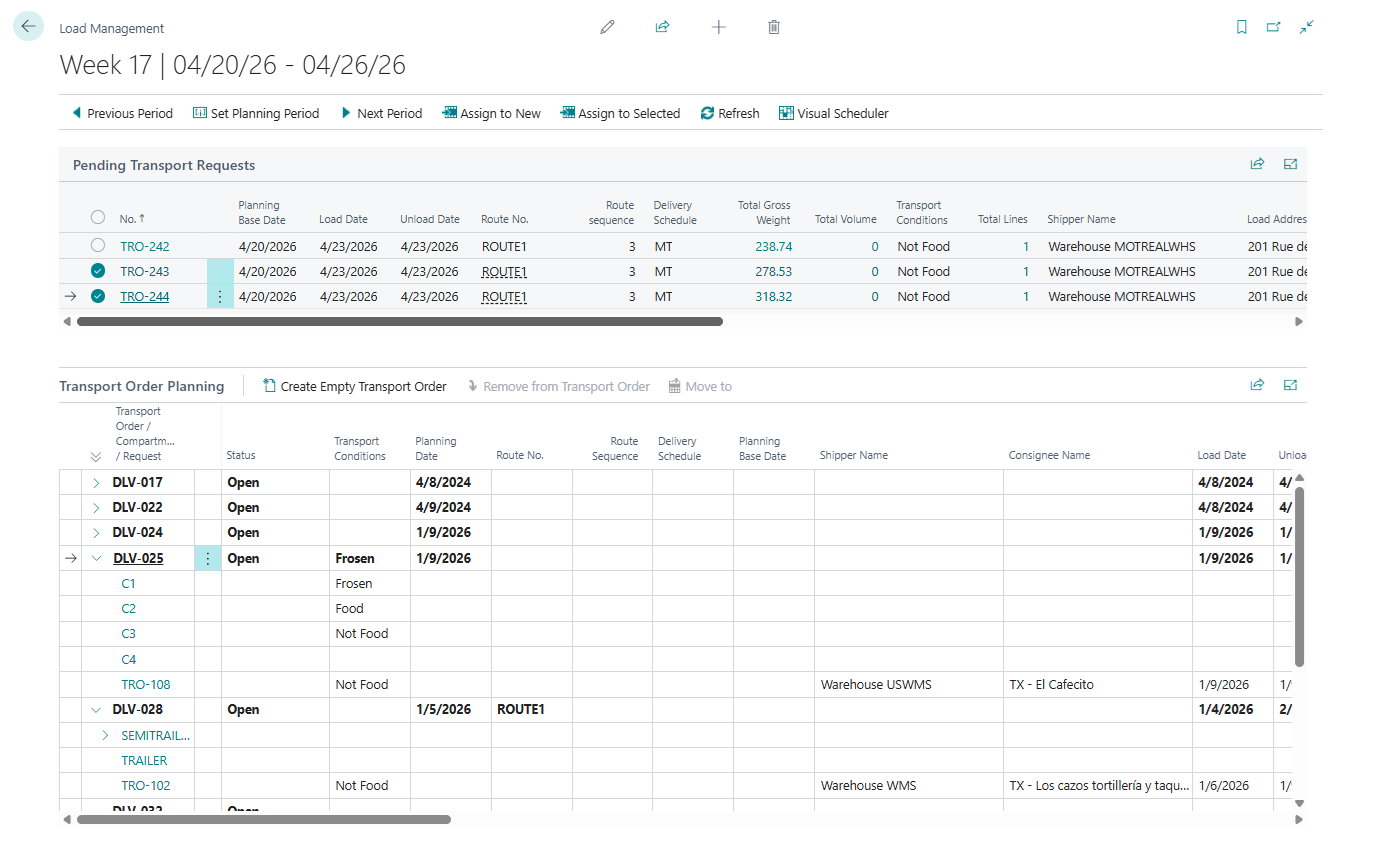 Transport Request Load Planning worksheet with request pool and planning tree