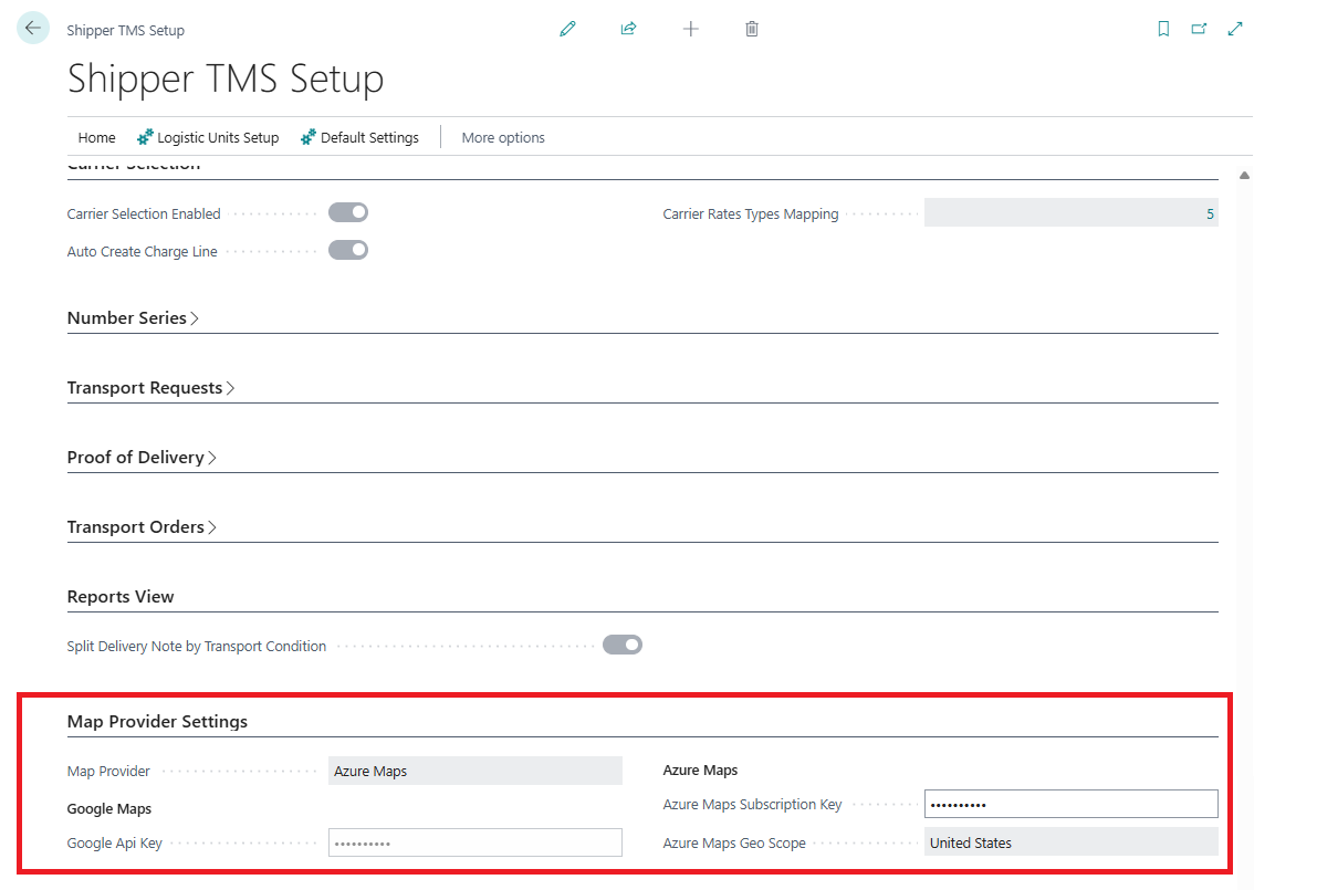 Map provider settings in Shipper TMS Setup