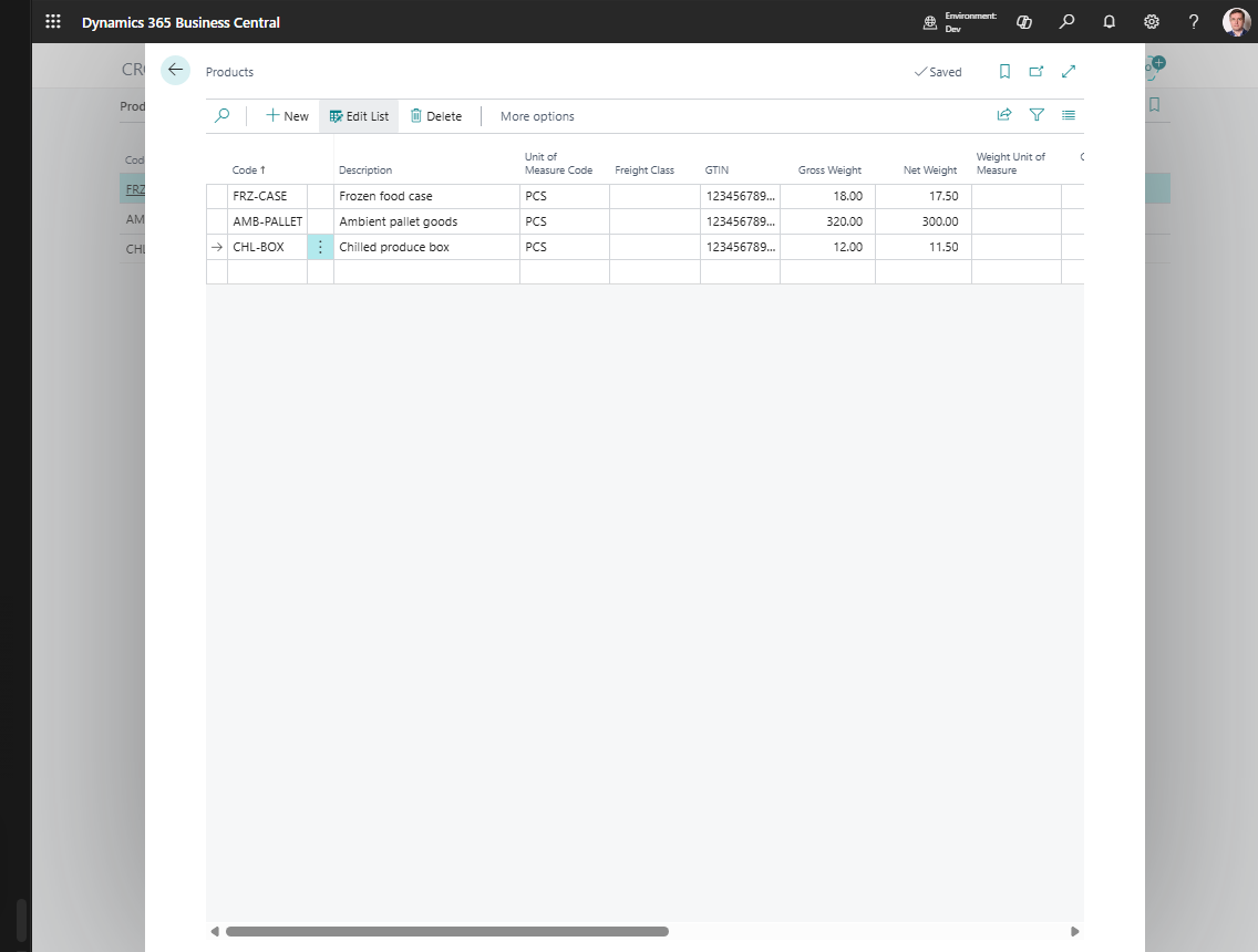 Products list with transport attributes