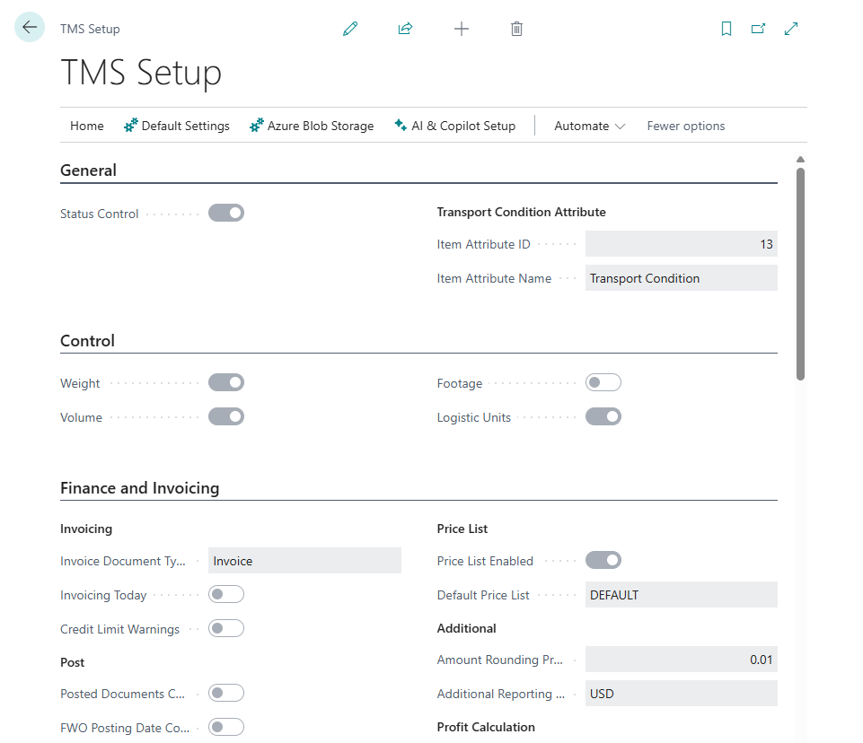 Main Shipper TMS Setup page