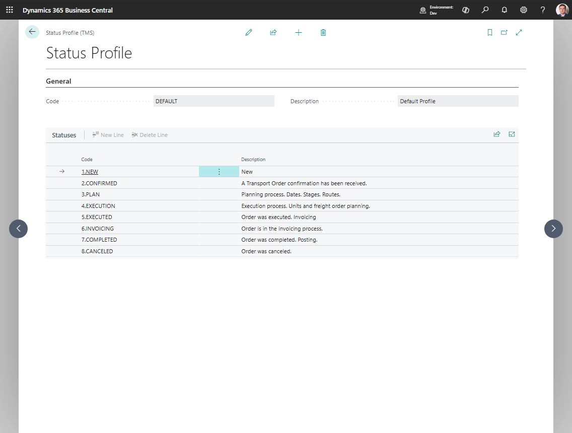 Status profile lines for execution statuses