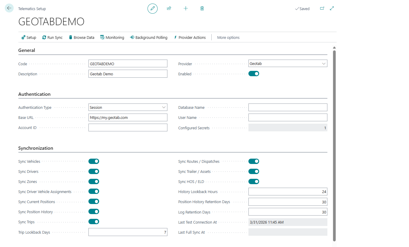 Telematics Setup card with connection and sync actions