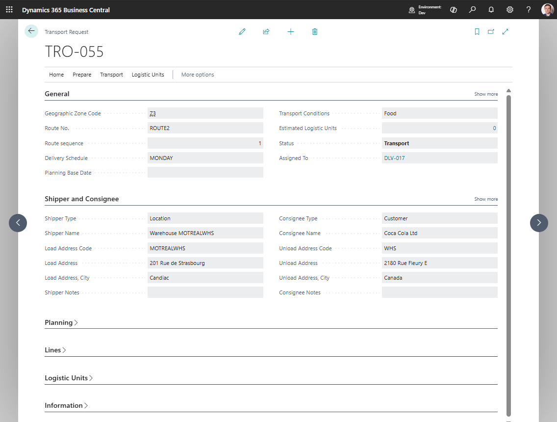 Transport Request timeline with load and unload time slots