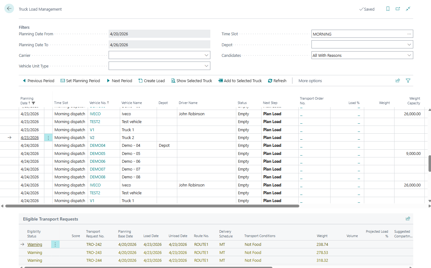 Truck Load Management worksheet with truck slots and candidate requests