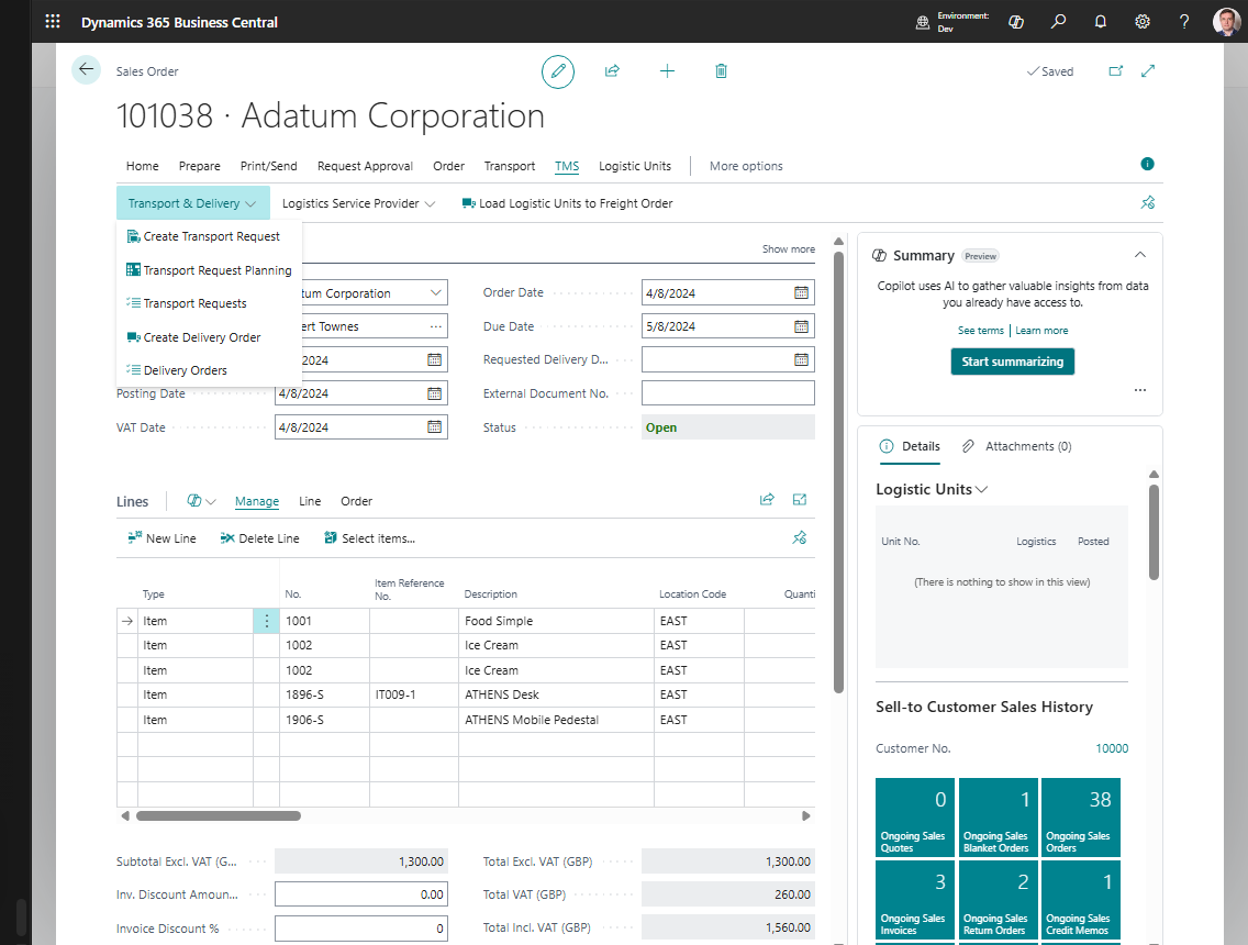 Sales Order to Transport Request use case